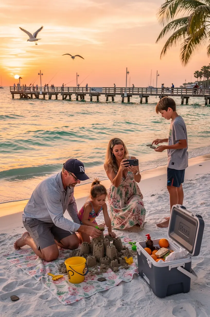 A picturesque coastal stop with colorful beachfront cottages, fishing piers, and a calm shoreline.