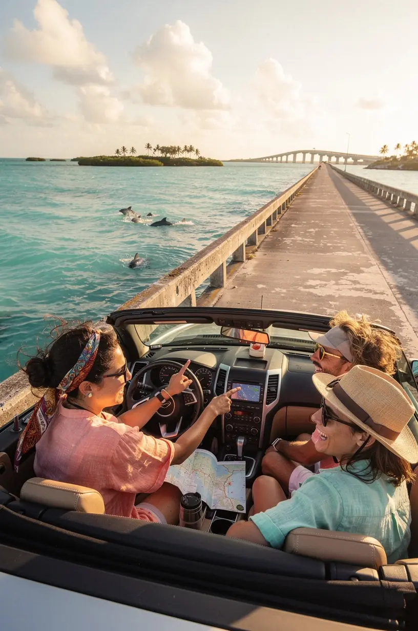 A convertible driving along an oceanfront causeway with scenic coastal views and distant city landmarks ahead.